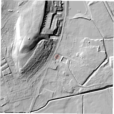 Shaded relief map of the ground around DN60AD, computed from Environment Agency LiDAR. The ground here sits at about 6 m above sea level and falls 28 m across the surrounding 800 m. Surface water reaching this point runs off ground lying to the west-north-west, 15.8 m higher.