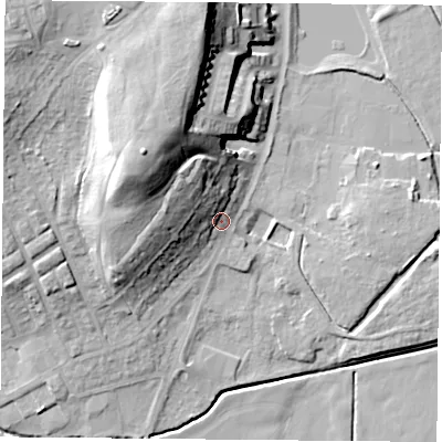 Shaded relief map of the ground around DN60AE, computed from Environment Agency LiDAR. The ground here sits at about 9 m above sea level and falls 28 m across the surrounding 800 m. Surface water reaching this point runs off ground lying to the north-west, 12.2 m higher.