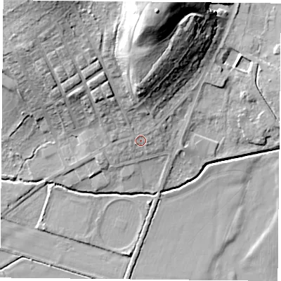 Shaded relief map of the ground around DN60AH, computed from Environment Agency LiDAR. The ground here sits at about 9 m above sea level and falls 28 m across the surrounding 800 m. Surface water reaching this point runs off ground lying to the north, 22.5 m higher.