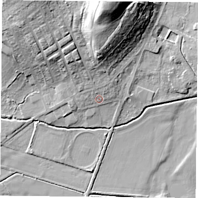 Shaded relief map of the ground around DN60AJ, computed from Environment Agency LiDAR. The ground here sits at about 8 m above sea level and falls 27 m across the surrounding 800 m. Surface water reaching this point runs off ground lying to the north, 22.5 m higher.