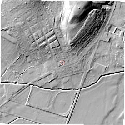 Shaded relief map of the ground around DN60AQ, computed from Environment Agency LiDAR. The ground here sits at about 9 m above sea level and falls 28 m across the surrounding 800 m. Surface water reaching this point runs off ground lying to the north-north-east, 20.8 m higher.