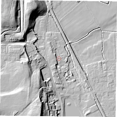 Shaded relief map of the ground around DN60BF, computed from Environment Agency LiDAR. The ground here sits at about 5 m above sea level and falls 26 m across the surrounding 800 m. Surface water reaching this point runs off ground lying to the south-south-west, 5.6 m higher.