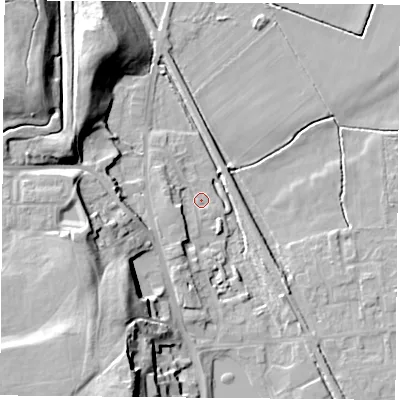 Shaded relief map of the ground around DN60BL, computed from Environment Agency LiDAR. The ground here sits at about 5 m above sea level and falls 26 m across the surrounding 800 m. Surface water reaching this point runs off ground lying to the south-south-west, 5.2 m higher.