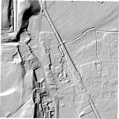 Shaded relief map of the ground around DN60BW, computed from Environment Agency LiDAR. The ground here sits at about 5 m above sea level and falls 26 m across the surrounding 800 m. Surface water reaching this point runs off ground lying to the south-west, 5.6 m higher.