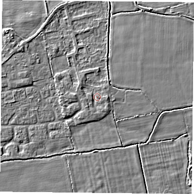 Shaded relief map of the ground around DN60DA, computed from Environment Agency LiDAR. The ground here sits at about 6 m above sea level and falls 4 m across the surrounding 800 m. Surface water reaching this point runs off ground lying to the east, 1.2 m higher.