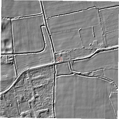 Shaded relief map of the ground around DN60DF, computed from Environment Agency LiDAR. The ground here sits at about 5 m above sea level and falls 8 m across the surrounding 800 m. Surface water reaching this point runs off ground lying to the east-south-east, 0.8 m higher.