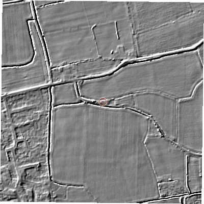 Shaded relief map of the ground around DN60DG, computed from Environment Agency LiDAR. The ground here sits at about 6 m above sea level and falls 5 m across the surrounding 800 m. Surface water reaching this point runs off ground lying to the east-south-east, 2.2 m higher.