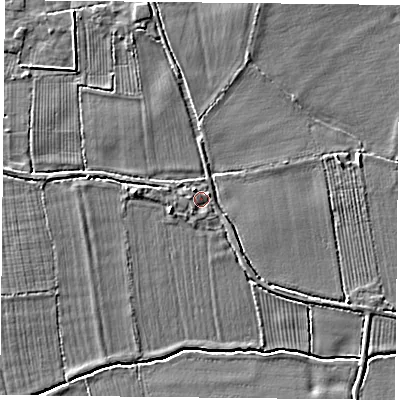 Shaded relief map of the ground around DN60DJ, computed from Environment Agency LiDAR. The ground here sits at about 6 m above sea level and falls 4 m across the surrounding 800 m. Surface water reaching this point runs off ground lying to the west, 1.0 m higher.