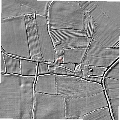 Shaded relief map of the ground around DN60DL, computed from Environment Agency LiDAR. The ground here sits at about 6 m above sea level and falls 4 m across the surrounding 800 m. Surface water reaching this point runs off ground lying to the north-north-west, 1.5 m higher.