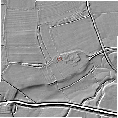 Shaded relief map of the ground around DN60DN, computed from Environment Agency LiDAR. The ground here sits at about 5 m above sea level and falls 5 m across the surrounding 800 m. The ground contributing surface water to this point lies to the west.