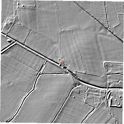 Shaded relief map of the ground around DN60DP, computed from Environment Agency LiDAR. The ground here sits at about 6 m above sea level and falls 5 m across the surrounding 800 m. Surface water reaching this point runs off ground lying to the south-east, 2.9 m higher.