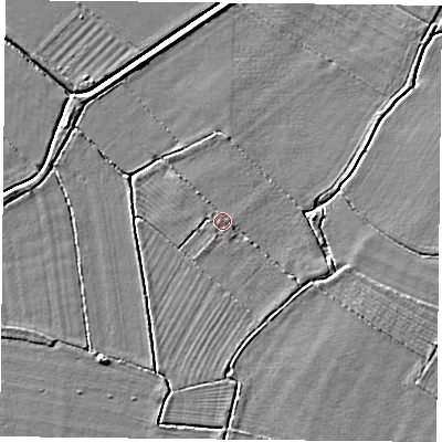 Shaded relief map of the ground around DN60DR, computed from Environment Agency LiDAR. The ground here sits at about 6 m above sea level and falls 3 m across the surrounding 800 m. The ground contributing surface water to this point lies to the east-north-east.