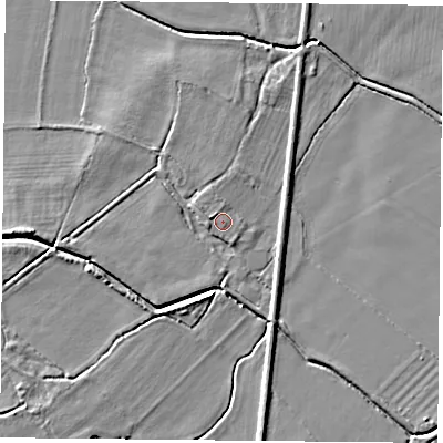 Shaded relief map of the ground around DN60DS, computed from Environment Agency LiDAR. The ground here sits at about 6 m above sea level and falls 4 m across the surrounding 800 m. Surface water reaching this point runs off ground lying to the south-south-east, 0.5 m higher.