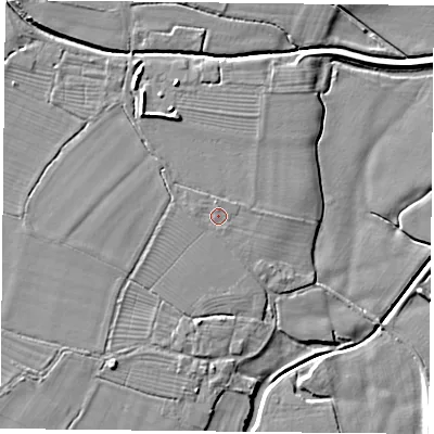 Shaded relief map of the ground around DN60DT, computed from Environment Agency LiDAR. The ground here sits at about 6 m above sea level and falls 6 m across the surrounding 800 m. Surface water reaching this point runs off ground lying to the north, 0.6 m higher.