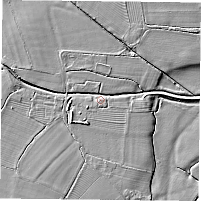 Shaded relief map of the ground around DN60DW, computed from Environment Agency LiDAR. The ground here sits at about 6 m above sea level and falls 6 m across the surrounding 800 m. Surface water reaching this point runs off ground lying to the west-south-west, 5.1 m higher.