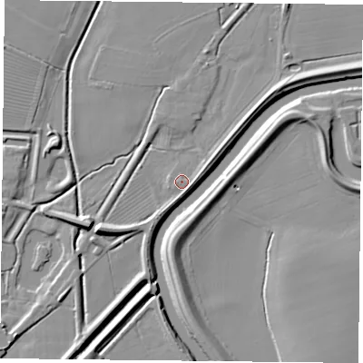 Shaded relief map of the ground around DN60DX, computed from Environment Agency LiDAR. The ground here sits at about 6 m above sea level and falls 9 m across the surrounding 800 m. Surface water reaching this point runs off ground lying to the east-north-east, 2.6 m higher.