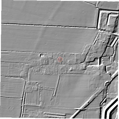 Shaded relief map of the ground around DN60DY, computed from Environment Agency LiDAR. The ground here sits at about 6 m above sea level and falls 5 m across the surrounding 800 m. Surface water reaching this point runs off ground lying to the west, 1.1 m higher.