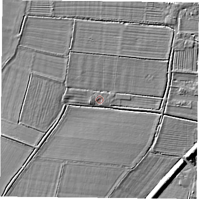 Shaded relief map of the ground around DN60EA, computed from Environment Agency LiDAR. The ground here sits at about 5 m above sea level and falls 7 m across the surrounding 800 m. Surface water reaching this point runs off ground lying to the north-west, 2.7 m higher.