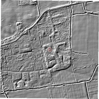 Shaded relief map of the ground around DN60EE, computed from Environment Agency LiDAR. The ground here sits at about 5 m above sea level and falls 4 m across the surrounding 800 m. Surface water reaching this point runs off ground lying to the east-south-east, 1.0 m higher.