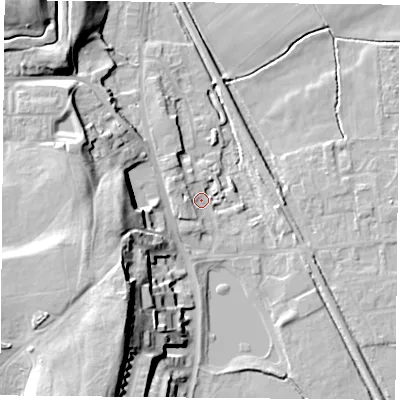 Shaded relief map of the ground around DN60EL, computed from Environment Agency LiDAR. The ground here sits at about 6 m above sea level and falls 26 m across the surrounding 800 m. Surface water reaching this point runs off ground lying to the west-north-west, 4.4 m higher.