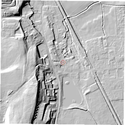 Shaded relief map of the ground around DN60EN, computed from Environment Agency LiDAR. The ground here sits at about 6 m above sea level and falls 26 m across the surrounding 800 m. Surface water reaching this point runs off ground lying to the west-south-west, 1.8 m higher.