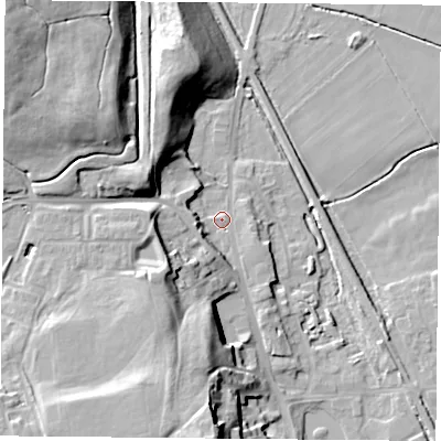 Shaded relief map of the ground around DN60ER, computed from Environment Agency LiDAR. The ground here sits at about 7 m above sea level and falls 28 m across the surrounding 800 m. Surface water reaching this point runs off ground lying to the south-west, 19.4 m higher.