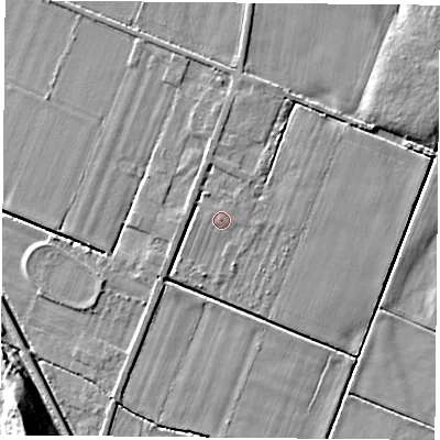 Shaded relief map of the ground around DN60ET, computed from Environment Agency LiDAR. The ground here sits at about 5 m above sea level and falls 17 m across the surrounding 800 m. The ground contributing surface water to this point lies to the north-west.