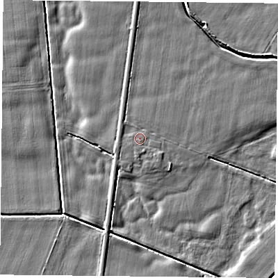 Shaded relief map of the ground around DN60EU, computed from Environment Agency LiDAR. The ground here sits at about 5 m above sea level and falls 4 m across the surrounding 800 m. Surface water reaching this point runs off ground lying to the west, 0.9 m higher.
