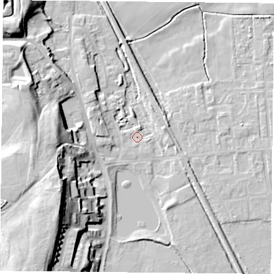 Shaded relief map of the ground around DN60EW, computed from Environment Agency LiDAR. The ground here sits at about 5 m above sea level and falls 26 m across the surrounding 800 m. Surface water reaching this point runs off ground lying to the west-north-west, 4.6 m higher.