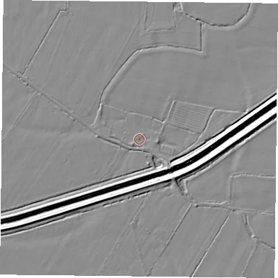 Shaded relief map of the ground around DN60EX, computed from Environment Agency LiDAR. The ground here sits at about 5 m above sea level and falls 5 m across the surrounding 800 m. Surface water reaching this point runs off ground lying to the west, 0.9 m higher.