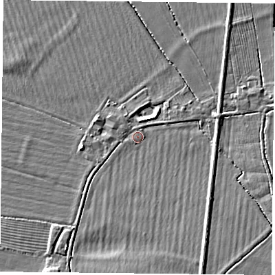 Shaded relief map of the ground around DN60EZ, computed from Environment Agency LiDAR. The ground here sits at about 6 m above sea level and falls 4 m across the surrounding 800 m. Surface water reaching this point runs off ground lying to the south-south-east, 2.2 m higher.