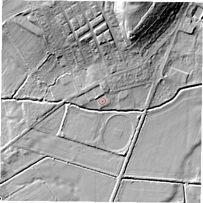 Shaded relief map of the ground around DN60FP, computed from Environment Agency LiDAR. The ground here sits at about 6 m above sea level and falls 20 m across the surrounding 800 m. Surface water reaching this point runs off ground lying to the north-west, 2.6 m higher.