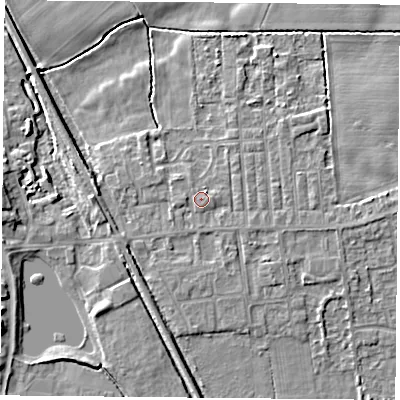 Shaded relief map of the ground around DN60FQ, computed from Environment Agency LiDAR. The ground here sits at about 6 m above sea level and falls 5 m across the surrounding 800 m. Surface water reaching this point runs off ground lying to the south-east, 0.6 m higher.