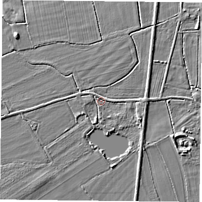 Shaded relief map of the ground around DN60HF, computed from Environment Agency LiDAR. The ground here sits at about 6 m above sea level and falls 4 m across the surrounding 800 m. Surface water reaching this point runs off ground lying to the east-south-east, 2.2 m higher.