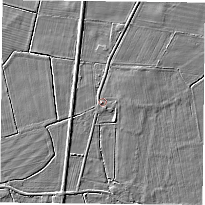 Shaded relief map of the ground around DN60HG, computed from Environment Agency LiDAR. The ground here sits at about 6 m above sea level and falls 4 m across the surrounding 800 m. Surface water reaching this point runs off ground lying to the north-east, 1.5 m higher.