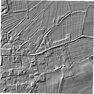 Shaded relief map of the ground around DN60HL, computed from Environment Agency LiDAR. The ground here sits at about 6 m above sea level and falls 3 m across the surrounding 800 m. The ground contributing surface water to this point lies to the south.