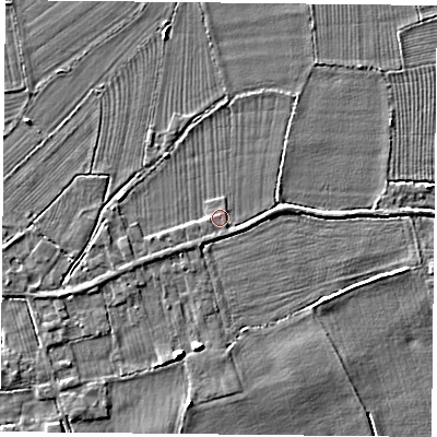 Shaded relief map of the ground around DN60HN, computed from Environment Agency LiDAR. The ground here sits at about 6 m above sea level and falls 3 m across the surrounding 800 m. The ground contributing surface water to this point lies to the south-south-west.