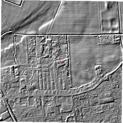 Shaded relief map of the ground around DN60HX, computed from Environment Agency LiDAR. The ground here sits at about 6 m above sea level and falls 8 m across the surrounding 800 m. Surface water reaching this point runs off ground lying to the east, 0.6 m higher.