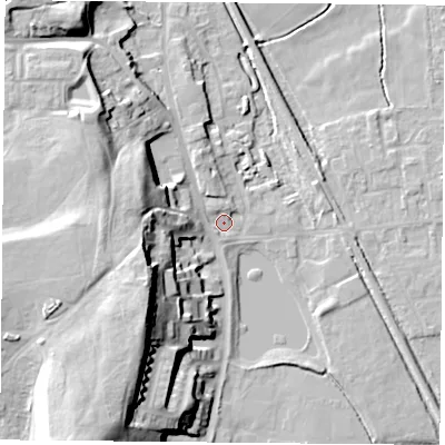 Shaded relief map of the ground around DN60HY, computed from Environment Agency LiDAR. The ground here sits at about 6 m above sea level and falls 26 m across the surrounding 800 m. Surface water reaching this point runs off ground lying to the south-west, 22.6 m higher.