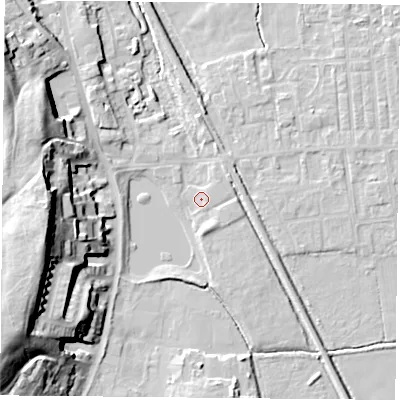 Shaded relief map of the ground around DN60HZ, computed from Environment Agency LiDAR. The ground here sits at about 5 m above sea level and falls 26 m across the surrounding 800 m. Surface water reaching this point runs off ground lying to the south-east, 1.0 m higher.