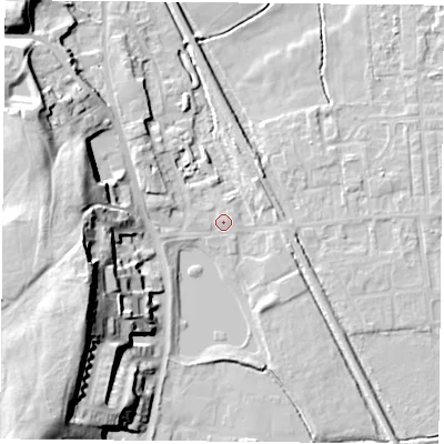 Shaded relief map of the ground around DN60JA, computed from Environment Agency LiDAR. The ground here sits at about 5 m above sea level and falls 26 m across the surrounding 800 m. Surface water reaching this point runs off ground lying to the west, 0.9 m higher.