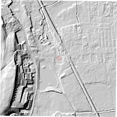 Shaded relief map of the ground around DN60JB, computed from Environment Agency LiDAR. The ground here sits at about 5 m above sea level and falls 26 m across the surrounding 800 m. Surface water reaching this point runs off ground lying to the north-east, 2.3 m higher.