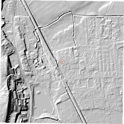 Shaded relief map of the ground around DN60JE, computed from Environment Agency LiDAR. The ground here sits at about 5 m above sea level and falls 25 m across the surrounding 800 m. Surface water reaching this point runs off ground lying to the south-west, 2.4 m higher.