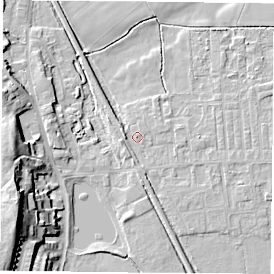 Shaded relief map of the ground around DN60JF, computed from Environment Agency LiDAR. The ground here sits at about 6 m above sea level and falls 26 m across the surrounding 800 m. Surface water reaching this point runs off ground lying to the west-south-west, 2.4 m higher.