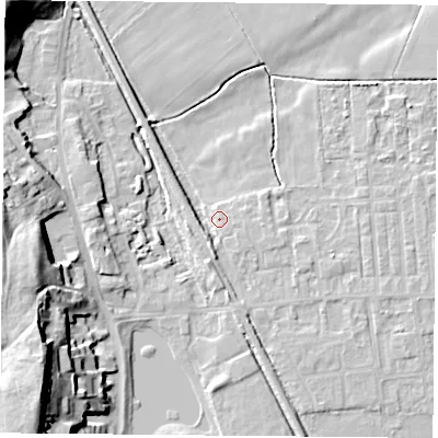 Shaded relief map of the ground around DN60JG, computed from Environment Agency LiDAR. The ground here sits at about 5 m above sea level and falls 26 m across the surrounding 800 m. Surface water reaching this point runs off ground lying to the south-south-west, 3.7 m higher.