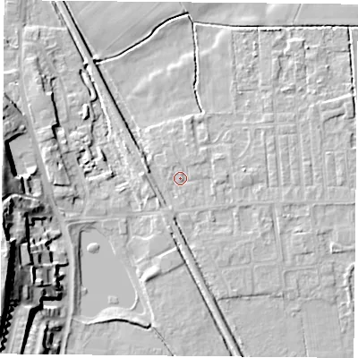 Shaded relief map of the ground around DN60JH, computed from Environment Agency LiDAR. The ground here sits at about 5 m above sea level and falls 25 m across the surrounding 800 m. Surface water reaching this point runs off ground lying to the south, 1.5 m higher.