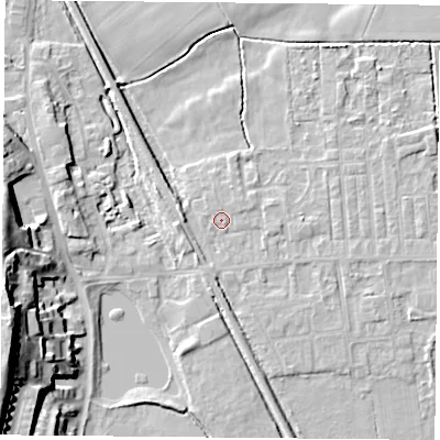 Shaded relief map of the ground around DN60JJ, computed from Environment Agency LiDAR. The ground here sits at about 5 m above sea level and falls 25 m across the surrounding 800 m. Surface water reaching this point runs off ground lying to the south, 1.3 m higher.