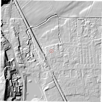 Shaded relief map of the ground around DN60JL, computed from Environment Agency LiDAR. The ground here sits at about 5 m above sea level and falls 26 m across the surrounding 800 m. Surface water reaching this point runs off ground lying to the east, 0.7 m higher.