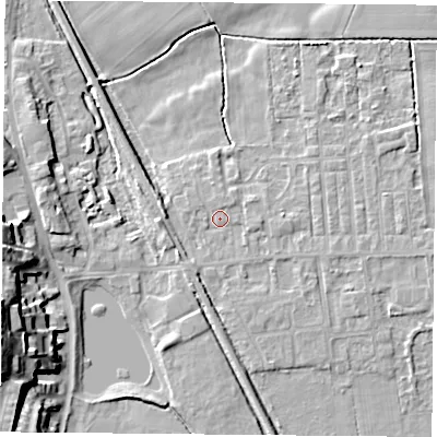 Shaded relief map of the ground around DN60JN, computed from Environment Agency LiDAR. The ground here sits at about 6 m above sea level and falls 19 m across the surrounding 800 m. Surface water reaching this point runs off ground lying to the south-south-west, 1.3 m higher.