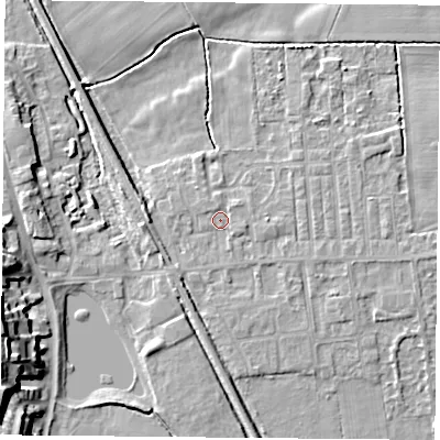 Shaded relief map of the ground around DN60JP, computed from Environment Agency LiDAR. The ground here sits at about 5 m above sea level and falls 15 m across the surrounding 800 m. Surface water reaching this point runs off ground lying to the east-south-east, 1.0 m higher.